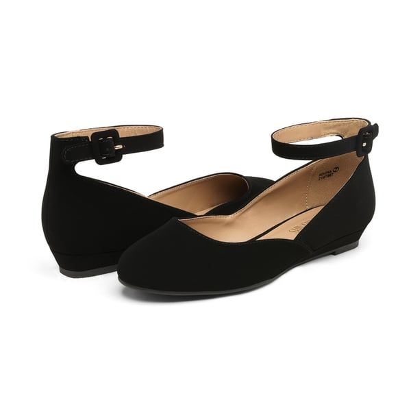 Comfortable Ankle Strap Low Wedge Flats - BLACK NUBUCK - 4
